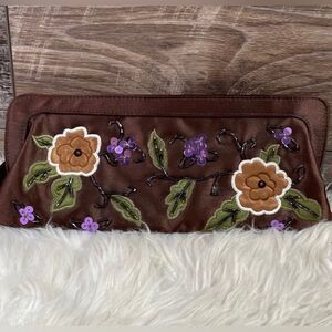 Floral Beaded and Embroidered Satin Clutch Purse, Brown Earth Tones